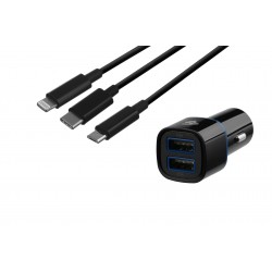 Зарядное устройство Авто  2E  2USB  2.4A,  + кабель 3в1 Lightning/microUSB/Type-C), black